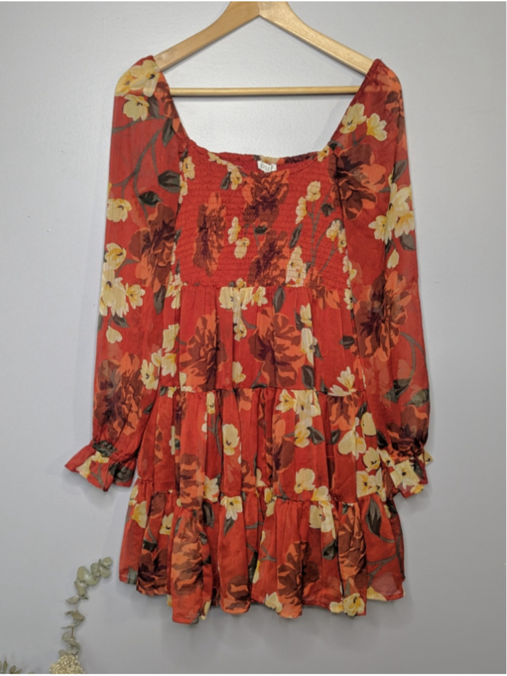 Patrons of Peace Red Floral Smocked Ruffle Mini Dress Boho